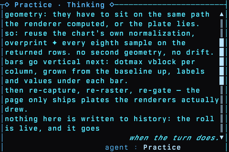 A close-up of the thinking panel: the agent's reasoning streaming as it works